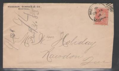 Canada Sc 41 on 1894 Hodgson, Sumner cover to Rowdon, QC