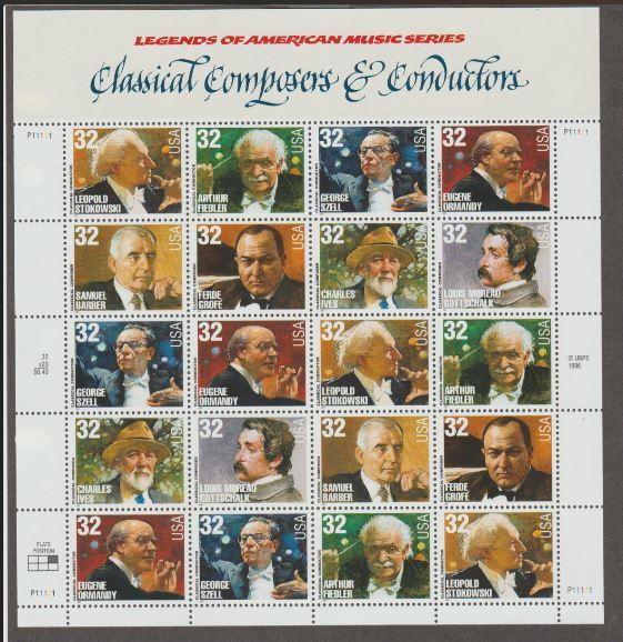 U.S. Scott #3158-3165 Composer Music Stamps - Mint NH Sheet - Upper Right Plate