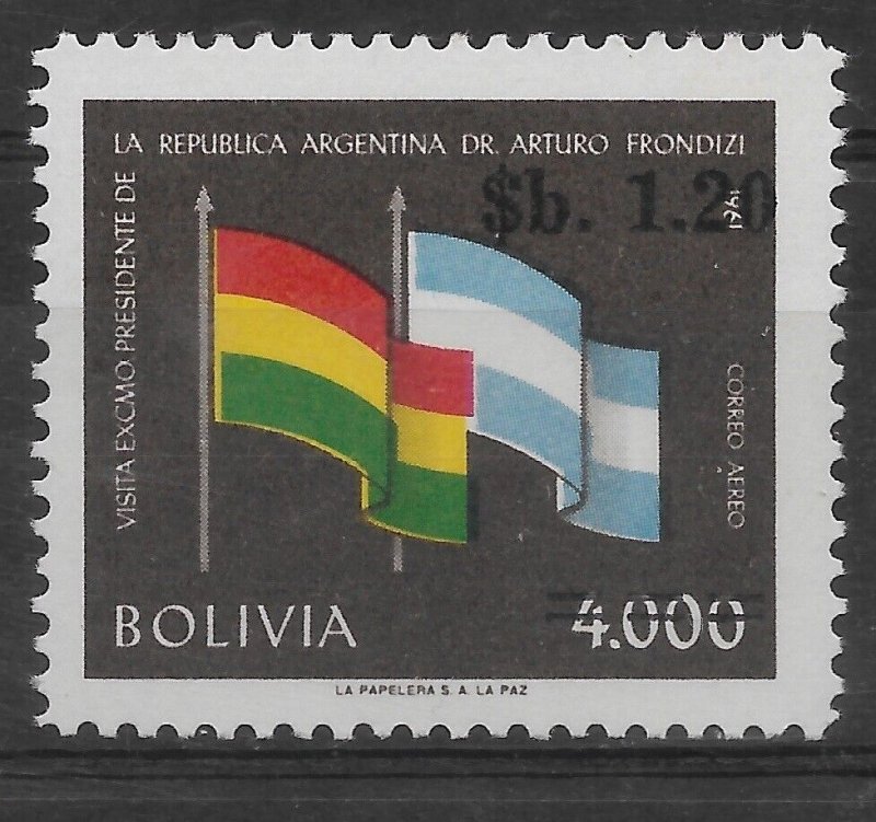 BOLIVIA 1970 Surcharged Stamp Flags Visit of Argentine President MNH