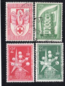 Belgium 1956-58 Group of 4 Commemoratives, Scott 494, 496, 500-501 used