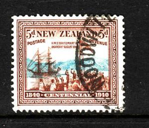 New Zealand-Sc#236-used 5p brown & lt blue-Ships-HMS Britomart-1940-