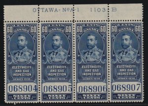 Canada VD #FEG8 (1930) 60c blue King George V Electricity Revenue Plate Block NH 