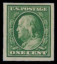 U.S. #383 MNH; 1c Franklin - Imperforate (1910)