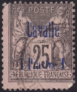 French Offices in Cavalle 1893 #5 f-u 1pi on 25c Black on Rose Paper