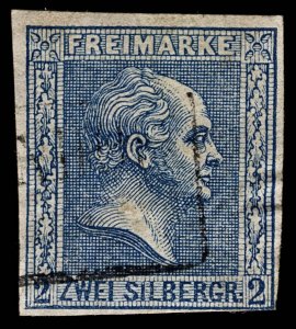 4213: Prussia SG18 2 Groschen Blue. 1858. Sc#12 Mi11a Fine Used. C£28
