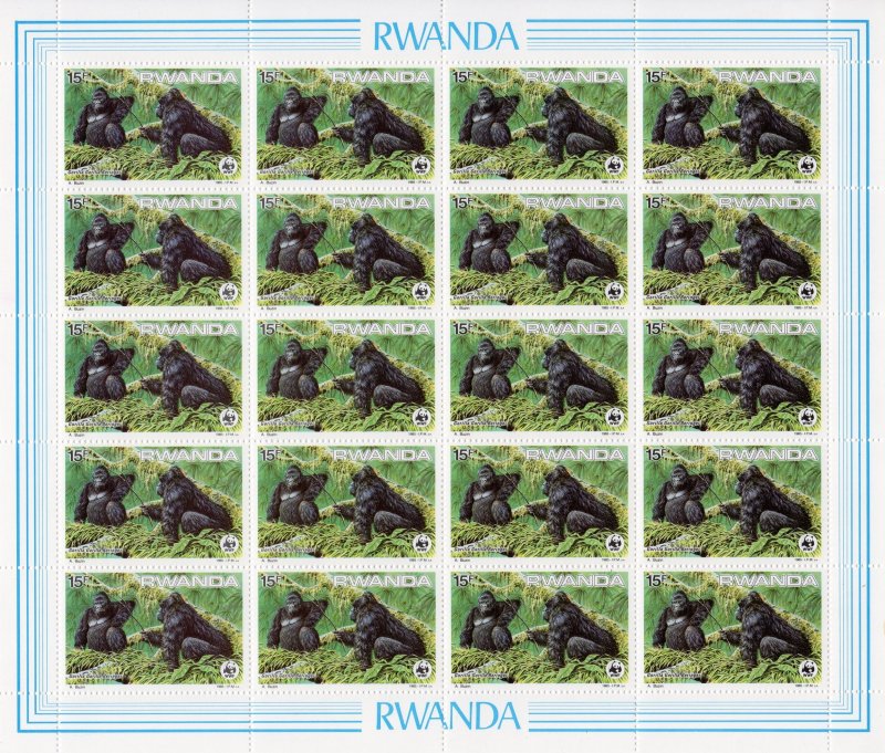 RWANDA 1985 Sc#1208/1211 WWF MOUNTAIN GORILLAS MINI-SHEETLET (20) UNFOLDED MNH