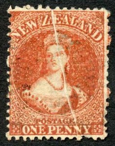 New Zealand 1864-71 SG110 1d P12.5 pre-printing PAPER CREASE lightly used 