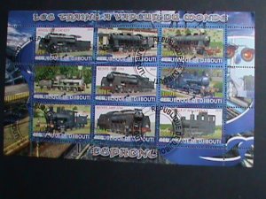 ​DJIBOUTI STAMP-2010 WORLD FAMOUS TRAINS RARE CTO SHEET VERY FINE