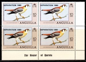 Anguilla 1980 Sc#407 BIRD AMERICAN SPARROW HAWK ovpt.SEPARATION Block of 4 MNH