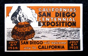 US - VINTAGE POSTER STAMP - CA CENTENNIAL, SAN DIEGO EXPO - ca 1934-1935