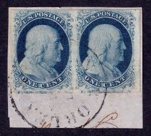 US Scott 7 (Pair on piece), 1851 Franklin (Type II), 1c blue, VERY FINE USED