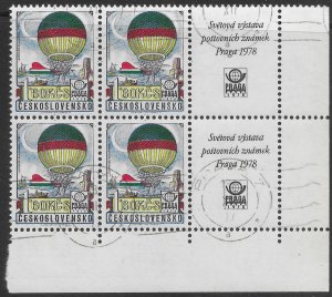 Czechoslovakia  C91 Bottom right corner block of 4.   Hot Air Balloons 1978.