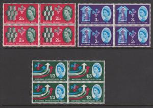 Great Britain 1962 Productivity Year Set Sc#387-389 Blocks of 4 Mint & MNH