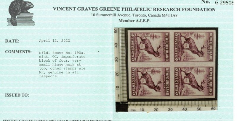 Newfoundland #190a Extra Fine Mint Imperf Block **With Certificate** 
