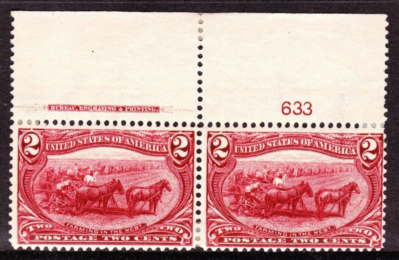 US 286 2c Trans-Mississippi Mint Plate #633 Top Pair VF OG H SCV $60