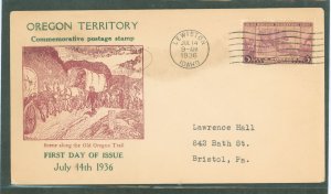 US 783 1936 Oregon Territory Centennial on an addressed, typed FDC with a Hubbard Cachet and A Lewiston, ID Cancel