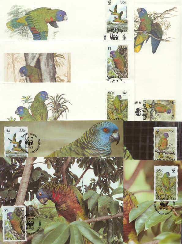 St.Lucia 8 FDC/cards WWF/Birds(Parrots) 1987