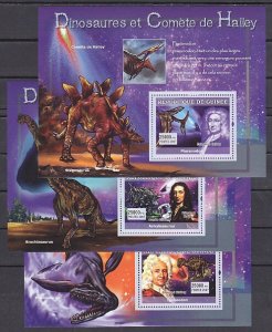 Guinea, 2007 issue. Halley` Comet & Dinosaurs on 3 s/sheets.