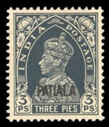 Indian States - Patiala #98 Cat$22.50, 1942 3p slate, never hinged, pencil no...