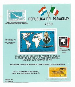 PARAGUAY 1978 FRANCISCO DE PINEDO MAP OF HIS FLIGHT AVIATION Sc 1859 SS Mi BL327