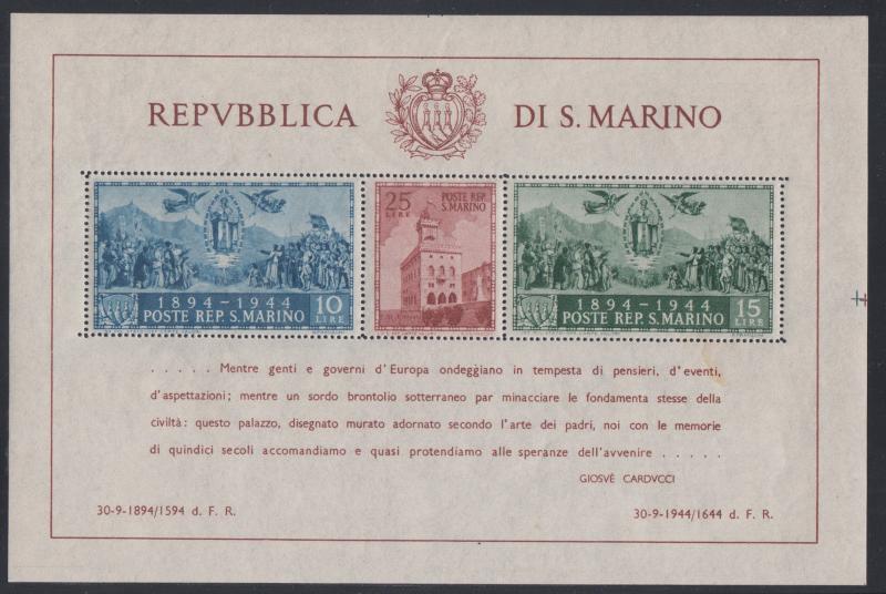 San Marino Sc 239 MNH. 1945 Government Palace Reconstruction perf Souv Sheet