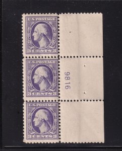 1918 Sc 530 3c purple MNH OG plate number strip of 3 (plate block CV $55) (A1