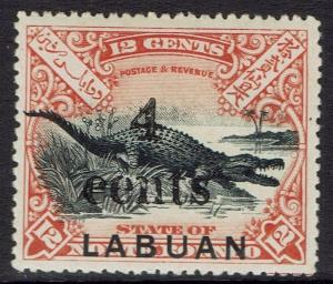 LABUAN 1904 SMALL 4C OVERPRINTED CROCODILE 12C PERF 14.5-15