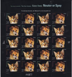 Sc# 3670 / 3671 U.S 37¢ complete 2002 Neuter or Spay sheet MNH CV $20.00