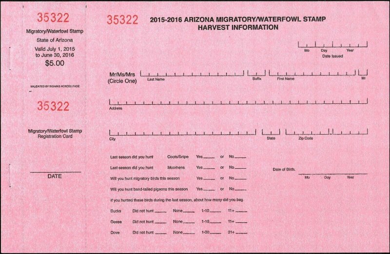 ARIZONA #34A 2015  SCARCE STATE DUCK STAMP HUNTER TYPE