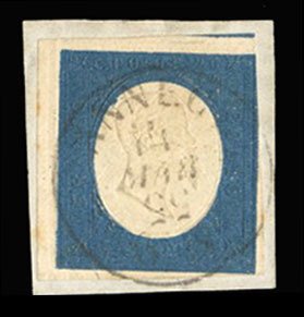 Italian States, Sardinia #8, 1854 20c blue, used on piece, 1855 cancelation...