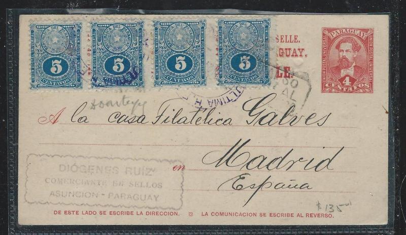 PARAGUAY (P2309B) 4C PSC UPRATED 5C X4 TO MADRID SPAIN