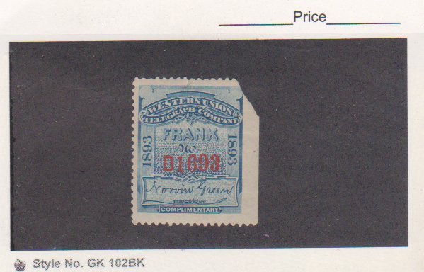 Revenue US 1893 Scott 16T23 MHOG Western Union Telegraph Co.Serial#D Red flaw