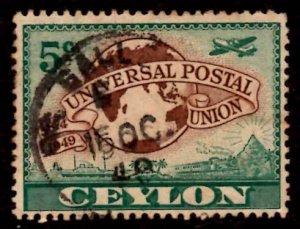 Ceylon 1949 Universal Postal Union, UPU, Aeroplane 5c Scott.304 Used (#3)