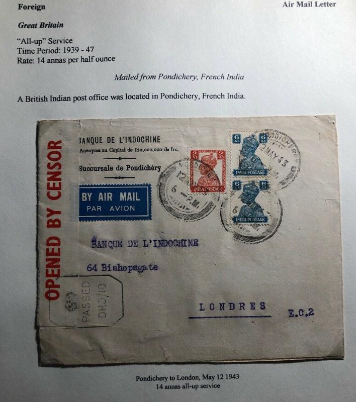 1943 British Post Office Pondichery French India Cover To London Inochine Bank