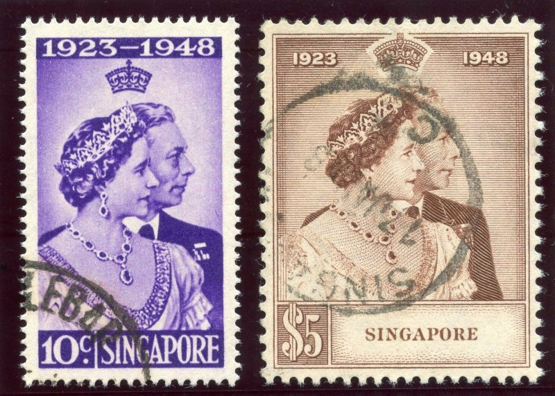 Singapore 1948 KGVI Silver Wedding set complete VFU. SG 31-32. Sc 21-22.