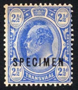 Transvaal SG276s 2 1/2d Bright Blue no gum and toned Opt SPECIMEN