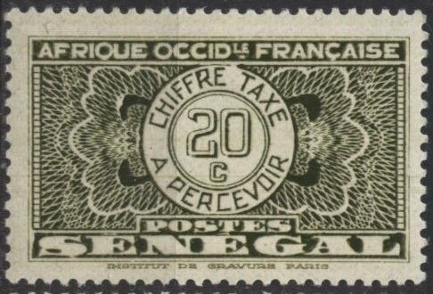 Senegal J25 (mlh, uneven gum) 20c “à percevoir”, olive green (1935)