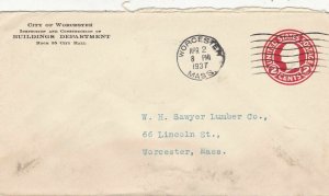 U.S. Buildings Dept, CITY OF WORCESTER, City Hall 1937 Pre Paid Cover Ref 47766