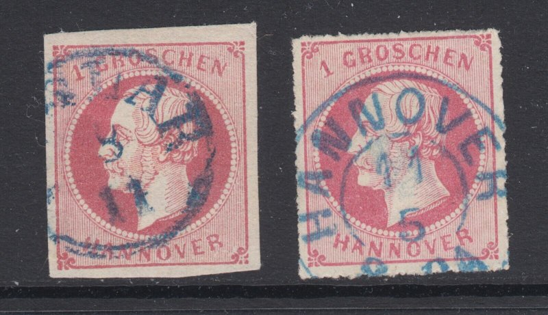 Hanover Sc 19, 27 used. 1863 and 1864 1gr rose King, imperf & Perce en Arc