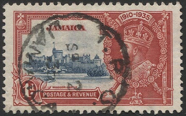 JAMAICA 1935 1d KGV  Sc 109 Used VF, Silver Jubilee, T.P.O. cancel