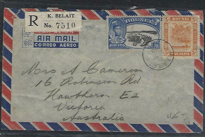 BRUNEI  (P3008B)  1950  SILVER JUB 50C+ 5C REG FROM K. BELAIT A/M TO AUSTRALIA