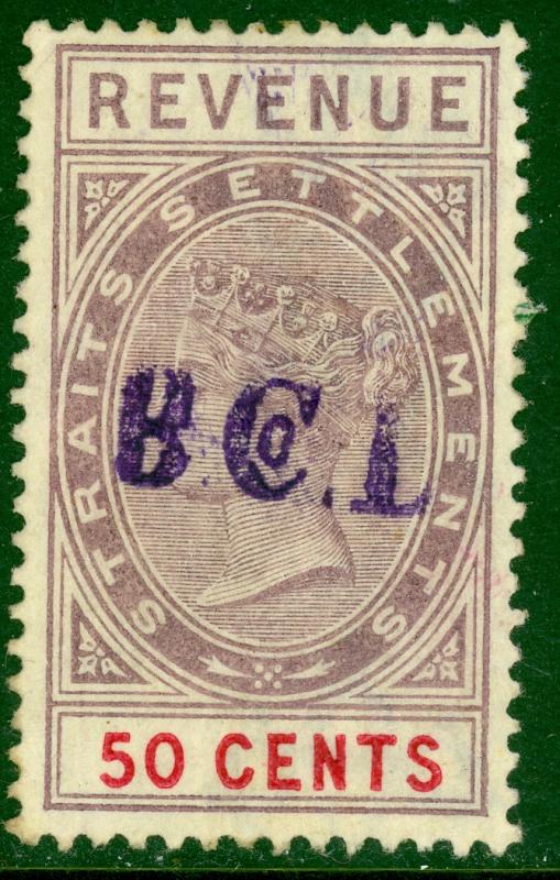 STRAITS SETTLEMENTS 1887 50c Lilac & Red QV Revenue B Co L Handstamp Bft 39 VFU