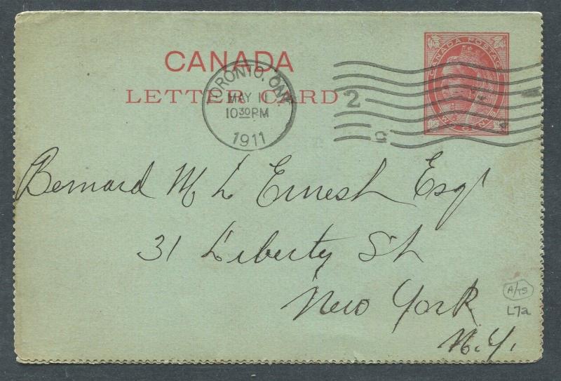 CANADA POSTAL STATIONERY #L7a USED LETTER CARD