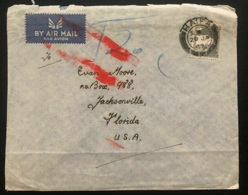 1939 Haifa Palestine Airmail Cover To Jacksonville FL USA