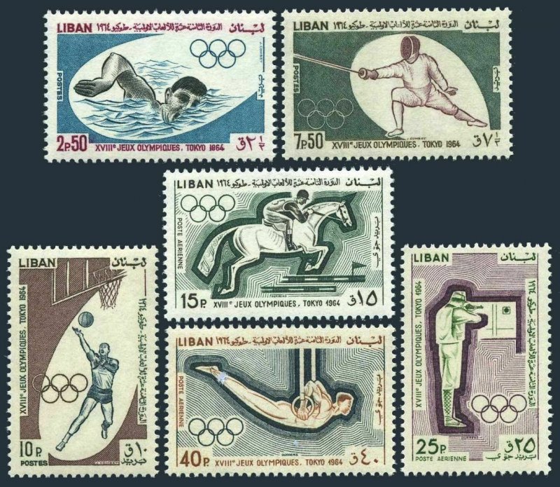 Lebanon 431-433,C424-C426,hinged.Mi 888-893. Olympics Tokyo-1964.Swimming,