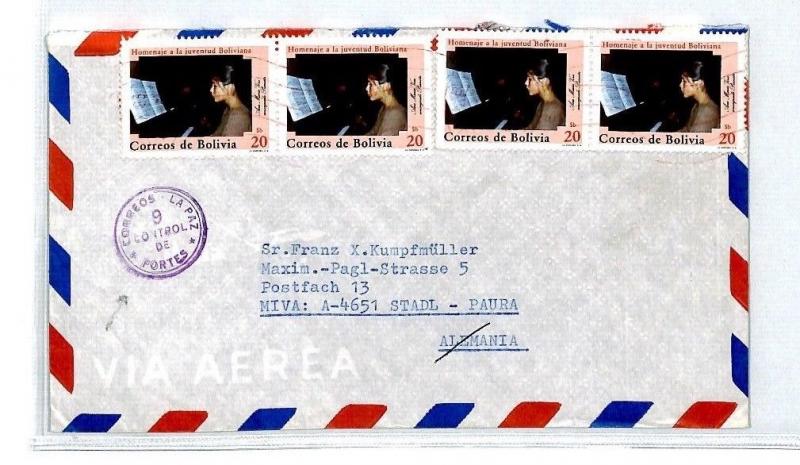 BOLIVIA Cover *La Paz Control 9* CENSOR/EXAMINER Missionary 1983 Air Mail CM192 