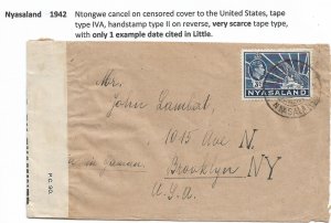 Ntongwe, Nyasaland to Brooklyn, NY 1942 Very Scarce Censor (C4710)