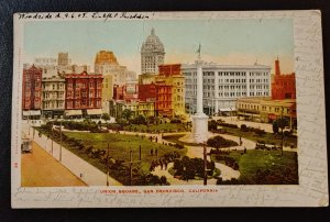 USA. Vintage postcard depicting Union Square in San Francisco, California...