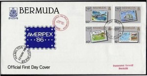 Bermuda 504-507 FDC,MNH. Michel 493-496. AMERIPEX-1986:Ships,Map,Plane.