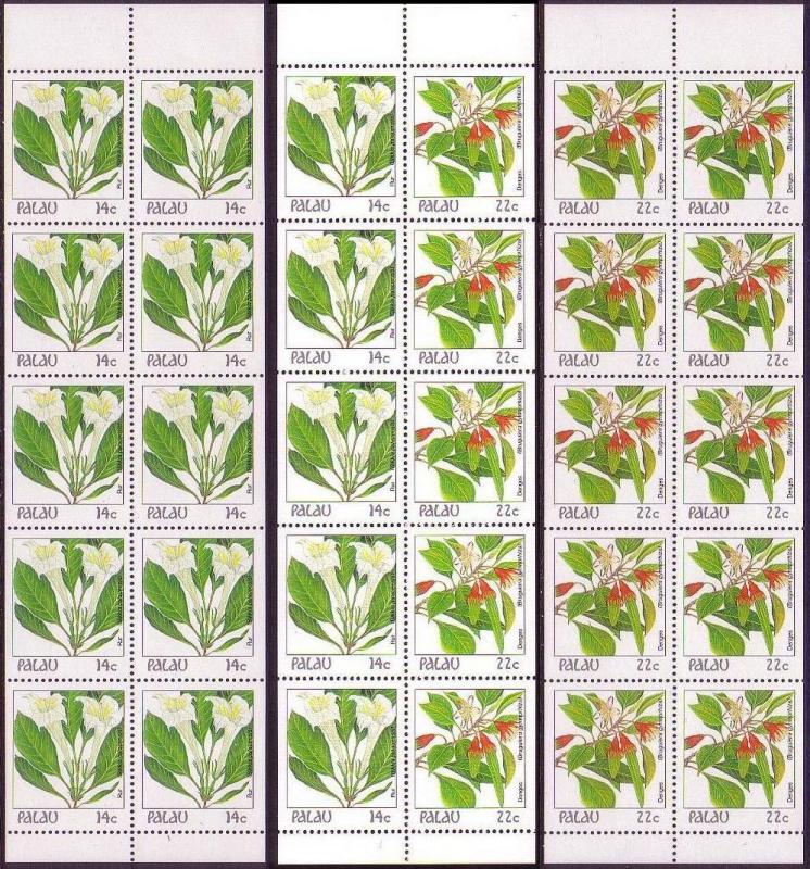 Palau Flowers 30v 3 booklet panes SG#176=178 MI#180-181